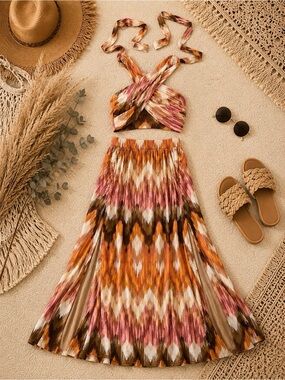 Bohemian Ikat Print Two-Piece Dress - Pink & Orange